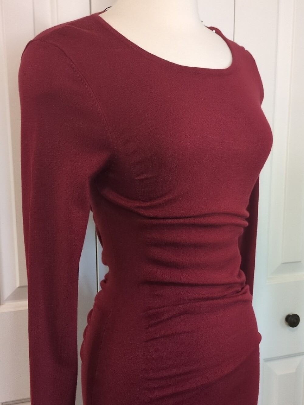 Express Long Sleeve Ruched Bodycon Dress - Burgundy - Picture 2 of 7